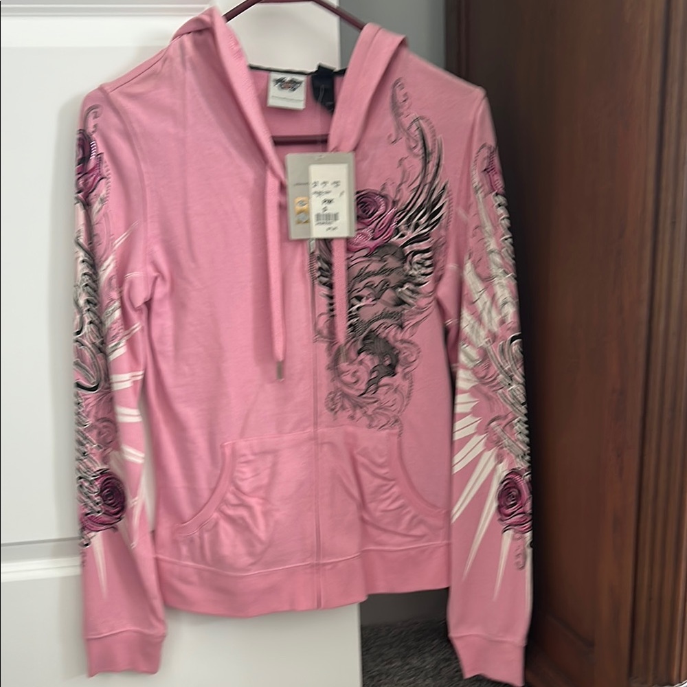 Pink Hoodie with Wing and Rose Design